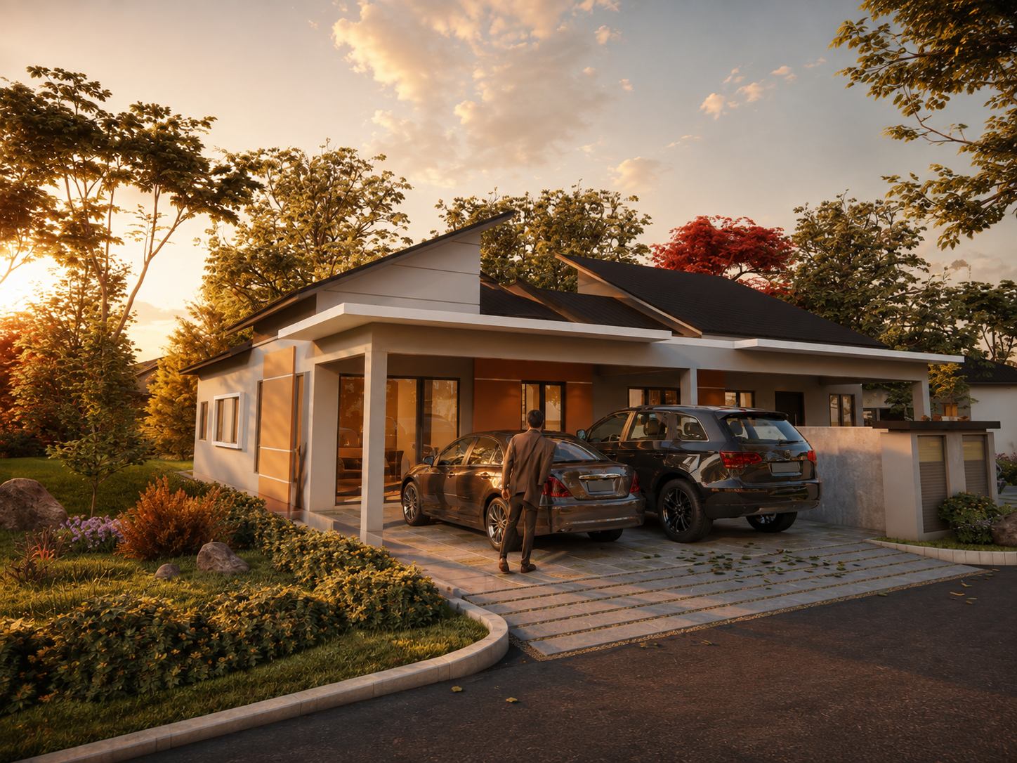 Megahomes semi-detached house at sunset framed by lush garden greenery